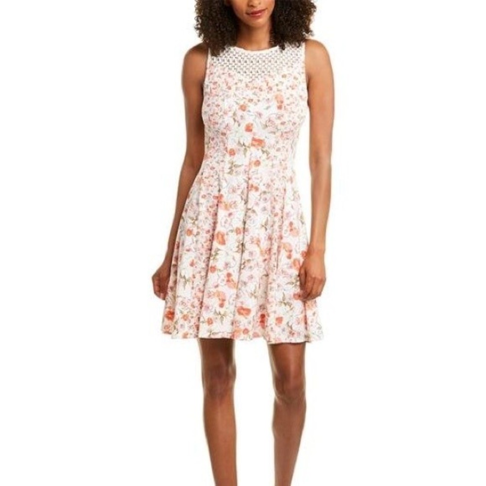 Gabby Skye Floral Print Crochet Lace Illusion A-Line Dress Cream / Coral Size 10